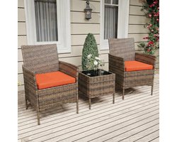 Gudalio Tuinset - Lounge Set - Balkonset - Rotan Fauteuils - Glazen Salontafel - 3-delig - voor Terras en Tuin - Bruin + Oranje
