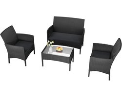Gudalio Tuinset - Lounge Set - Balkonset - Rotan Fauteuils - Glazen Salontafel - Incl kussens - 4-delig - voor Terras en Tuin - Zwart