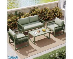 Guent Tuin loungestoelset - Gegalvaniseerd ijzeren frame - Gemaakt van touw - Met zitkussen - Glad glazen blad - Set van 4 - Groen