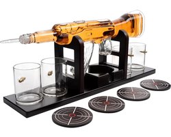 Gun Whisky Decanter Set Met Glazen - Inclusief Onderzetters En Houten Standaard - Origineel Cadeau Voor Vader Man Of Vriend - 850ml Karaf Voor Bourbon Scotch Likeur