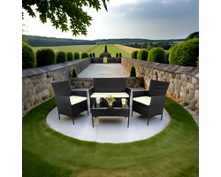 GURU Rattan Lounge set – Zwart met Crèmekleurige Kussens – Sofa 104x58x84 cm, Stoelen 57.5x58x84 cm, Tafel 71x41x39 cm – Weerbestendig, Incl. Waterdichte Kussens