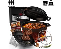 GUSSKÖNIG Dutch Oven set - Gietijzeren Dutch Oven – Dubbele pan met handig leren handvat