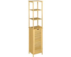 Gutent Badkamerkast - Hoge kast - Drie legplanken - Eén vak met louvredeur - Kantelbeveiliging - Bamboe - 34 x 30 x 173 cm - Houtkleur