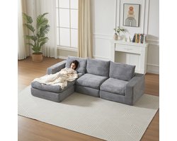 Gutent-Bank Bank zonder frame met chaise longue, moderne L-vormige gestoffeerde bank van corduroy met drie kussens, corduroy bank voor woonkamer en slaapkamer, geen montage nodig (W3349S00016)