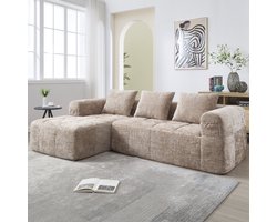 Gutent-Bank Moderne hoekbank, L-vormige bank, 3-zitsbank, geen montage nodig, chenille bank met chaise longue en armleuningen, 3 kussens, zijvak voor afstandsbediening, kaki