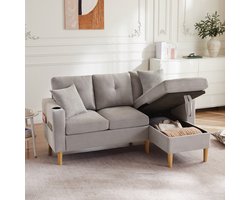 Gutent-Bank Moderne L-vormige bank, 3-zitsbank met chaise longue, opbergruimte, geïntegreerde bekerhouder, inclusief 2 kussens, geschikt voor woonkamer, kantoor, appartement, etc., video beschikbaar