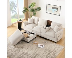 Gutent-Bank Moderne L-vormige hoekbank, converteerbare bank met console, 2 bekerhouders, USB-oplaadpunten, opbergvak in de armleuning en kussens, corduroy stof, comfortabele bank voor woonkamer, appartement, kleine ruimtes
