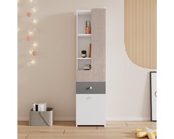 Gutent Boekenkast, Wit + Licht iepen + Grijs, Jeugdboekenkast met L-vormige deuren, met laden, opbergkast, scharnierende deuren met vierkante metalen handgrepen, MDF