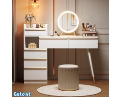 Gutent Commode - met uitschuifbaar tafelblad - 6 laden en gouden handgrepen - met dimbare LED spiegel - Wit - afmetingen: 102 x 100 x 41,5 cm (H x B x D) - zonder krukje