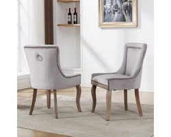 Gutent Deluxe Eetkamerstoelen, Grijs (2 stuks), Gestoffeerde stoelen met spijkers, Massief houten poten, fluwelen bekleding, keukenstoelen, woonkamerstoelen