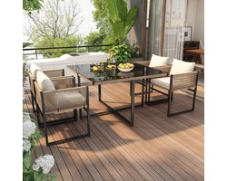 Gutent Dining Loungesets - 5 Delig - 1 Eettafel - 4 Stapelbare Stoelen - Fijn Touw - Ijzer - Gehard Veiligheidsglas - Beige