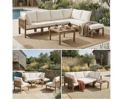 Gutent Dining Loungesets - Hoekbank - Buiten Relaxbed - Eettafel - Veranderbaar In Ligbed - Modulaire Bank - Beige Houtkleur
