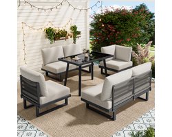 Gutent Dining Loungesets - Hoekbank - Buiten Relaxbed - Eettafel - Veranderbaar In Ligbed - Verzinkt Staal - Grijs Beige