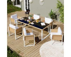 Gutent Dining Loungesets - Polyratten - 6 Personen - Tuinset - Incl Afneembare Hoezen - Bruin Wit