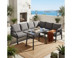Gutent Dining Loungesets - Tot 6 Personen - Gevlochten Armleuningen - Verzinkt Staal - Incl Hoekbank en Eettafel - Grijs