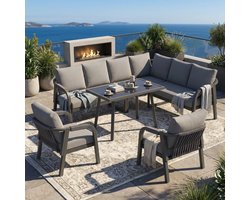 Gutent Dining Loungesets - Tot 8 Personen - Gevlochten Armleuningen - Verzinkt Staal - Incl Hoekbank Eettafel en 2 Stoelen - Grijs