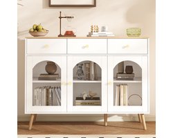 Gutent Dressoir - 94cm hoog - met 3 laden - 3 gebogen deuren van gehard glas - Wit en Naturel