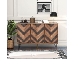 Gutent Dressoir, Hout + Zwart, Drie Deuren, Veel opbergruimte, Deuren gemaakt van massief houtfineer met een intaglio afwerking, inclusief laminaat, kleine kast met goudkleurige beglazing