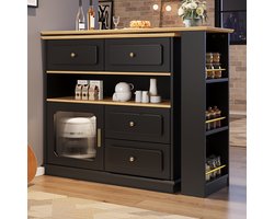 Gutent Dressoir - met opbergruimte - Uitschuifbare bartafel - (125-181 x 39 x 104,5 cm) - 360° draaibaar - met legplanken en glas - Zwart