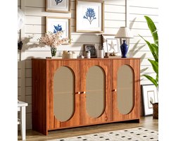 Gutent Dressoir, Walnoot, met 3 deuren, Veel Opbergruimte, Kunstrotan Deuren en metalen handgrepen, is een accentstuk in de eetkamer, woonkamer en keuken.