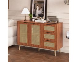 Gutent Dressoir, Walnoot , Vintage rotan design, Natuurlijk hout, met 2 deuren en 3 lades met zwarte handgrepen, geschikt voor eetkamer, keuken en woonkamer