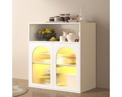 Gutent Dressoir, Wit, 70 x 35 x 90 cm, Opbergkast met glazen deuren en LED-verlichting, vrijstaande houten kast, keuken, huis, woonkamer