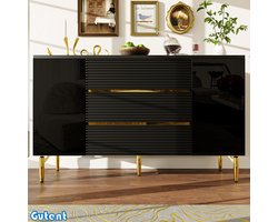Gutent Dressoir - Zwart - Eenvoudig Modern - Schaakbord Lade Deuren Design - Glanzende Gouden Accenten - Drie Laden