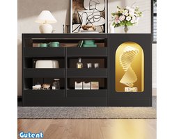 Gutent Dressoir-Zwarte eetkamerkast-simpel modern-LED verlichting-6 laden-holle deuren