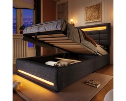 Gutent Eenpersoonsbed-90x200 cm-Met LED-Leuchten-Zonder Matras-Leinen-Grijs