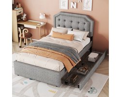 Gutent Eenpersoonsbed, Grijs (Zonder matras), Plat bed 90x200 cm, Gestoffeerd bed, gestoffeerd hoofdbord met decoratieve klinknagels, dubbele lade
