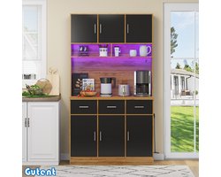 Gutent Eetkamermeubel-100x40x180 cm-Multifunctioneel-LED-verlichting-Lades-Verstelbare legplanken-Hout en Zwart