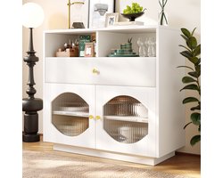 Gutent Eetkamermeubel met Glazen Deuren, Wit, 100 x 40 x 90,5 cm, Opbergmeubel, Buffet voor keuken, eetkamer en woonkamer