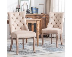 Gutent Eetkamerstoel, Beige (set van 2) , Stoel met 4 poten, Fluwelen Eetkamerstoel, Hoge rug met knoopstiksels, Massief houten frame