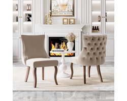 Gutent Eetkamerstoel, Beige(set van 2), Stoel met vier poten, Beige Fluwelen eetkamerstoel met knoopstiksels, massief houten frame