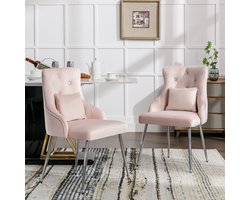 Gutent Eetkamerstoel, Eetkamerstoel met Knopenmotief (set van 2), Roze, Gestoffeerde fauteuil met lendenkussen, Stoel met metalen poten, Moderne loungestoel, Slaapkamer woonkamerstoel