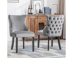 Gutent Eetkamerstoel, Grijs (set van 2), Stoel met vier poten, Grijs Fluwelen eetkamerstoel met knoopstiksels, massief houten frame