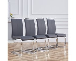 Gutent Eetkamerstoel, Grijs (set van 4), Sledestoel, Verchroomd metalen frame, max. belasting 120 kg, Bekleed met kunstlederen bekleding