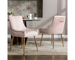 Gutent Eetkamerstoel, Roze, set van 2, Verticaal Gestreepte Eetkamerstoel, Gestoffeerde armstoel, stoel met metalen poten en metalen handgrepen, moderne loungestoel, slaapkamer woonkamerstoel