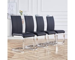 Gutent Eetkamerstoel, Zwart, (set van 4), Sledestoel, Verchroomd Metalen Frame, Belastbaar tot 120 kg, Bekleed met kunstlederen bekleding