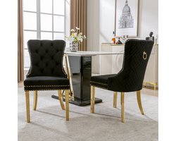 Gutent Eetkamerstoel, Zwart/Goud , Fluweel, 2 stuks, Rug met unieke ronde trekring met spijkerkop, steunpoten van verguld roestvrij staal, keukenstoel, woonkamerstoel, gestoffeerde stoel