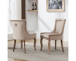 Gutent Eetkamerstoelen, Beige, Luxe Eetkamerstoelen (2 stuks), Gestoffeerde stoelen met spijkerrand, massief houten poten, fluwelen bekleding, keukenstoelen, woonkamerstoelen