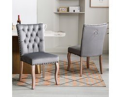 Gutent Eetkamerstoelen, Grijs (2 stuks), Gestoffeerde Stoelen met spijkerrand, Massief houten poten, Fluwelen bekleding, keukenstoelen, woonkamerstoelen met unieke uitklopbare rugleuningen