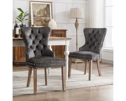 Gutent Eetkamerstoelen, Grijs(2 stuks), Unieke Uitsparingen op de rugleuning, Gestoffeerde stoelen met spijkerkop, Massief houten poten, fluwelen bekleding, keukenstoelen, woonkamerstoelen