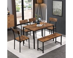 Gutent Eettafel en Stoelen set, 4 stoelen en een bank, hout en stalen frame, Industriële stijl, Bruin