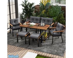 Gutent Eettafel en stoelen set - Acaciahout - Tuinmeubilair - 6-7 zits - met armstoelen en afneembare eetkar - afwasbare stoffen bekleding
