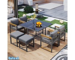 Gutent Eettafel en stoelen voor buiten - 6 zitplaatsen - 7-delige set - eettafel van gehard glas - armleuning van acaciahout - Zwart en Natuurlijk