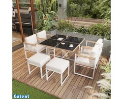 Gutent Eettafel en stoelen voor buiten- Geschikt voor 6 personen-7 stuks-Tafel van gehard glas-PE rotan omwikkeld-acaciahouten armleuningen-Witte en natuurlijke kleuren