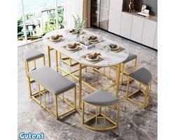 Gutent Eettafel set (set met eettafel, 4 kleine krukjes en 2 grote krukjes)-Stalen frame-Wit en Goud-140*70*76 cm-Lichtgewicht 120 kg