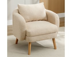 Gutent Fauteuil (met kussen), Beige, Teddy Flanel, Extra dik kussen fauteuil, enkele bank fauteuil, Gestoffeerde fauteuil, lounge stoel, massief houten poten