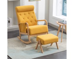 Gutent Fauteuil, Schommelstoel, Geel, Side Pocket Design, Hoge Rug met Voetenbankje, Linnen Materiaal